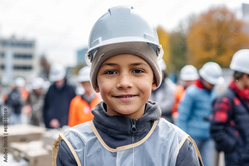 Medium shot portrait photography of a satisfied kid male cooking against a busy construction site background. With generative AI technology Medium shot portrait photography of a satisfied kid male cooking against a busy construction site background. With generative AI technology