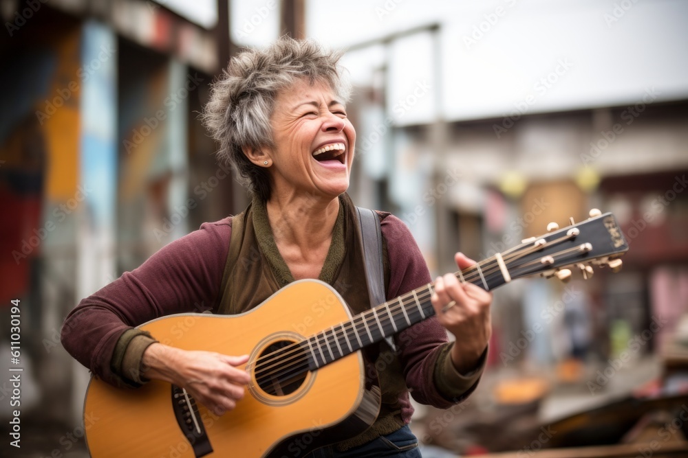 Fototapeta premium Medium shot portrait photography of a glad mature woman playing the guitar against a busy construction site background. With generative AI technology