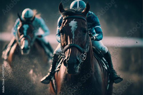 Horse races, jockey and his horse goes towards finish line, traditional European sport. generative ai