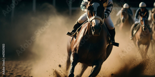 Horse races, jockey on horseback approaching the finish line, wide poster design with copy space area, generative ai © Art Gallery