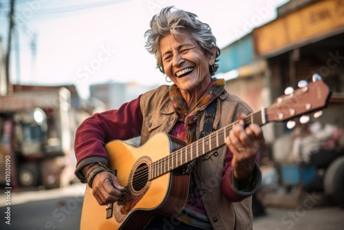 Medium shot portrait photography of a glad mature woman playing the guitar against a busy construction site background. With generative AI technology