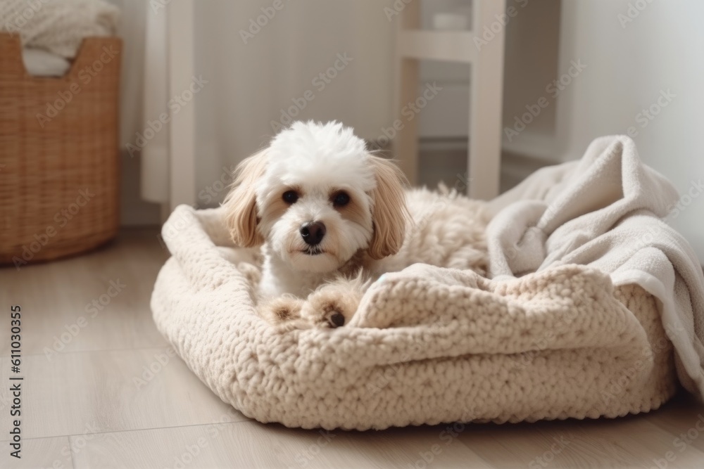 pet bed with plush pillow and cozy blanket on wooden floor, created with generative ai pet bed with plush pillow and cozy blanket on wooden floor, created with generative ai