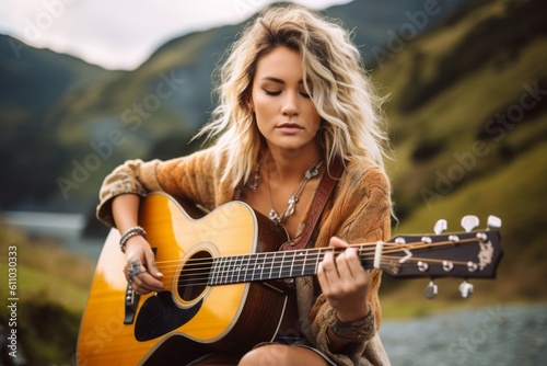 Medium shot portrait photography of a satisfied girl in her 30s playing the guitar against a scenic mountain trail background. With generative AI technology