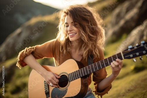 Medium shot portrait photography of a satisfied girl in her 30s playing the guitar against a scenic mountain trail background. With generative AI technology