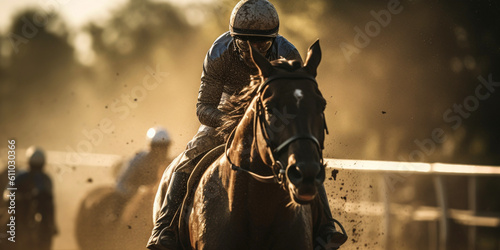 Horse races, jockey on horseback approaching the finish line, generative ai