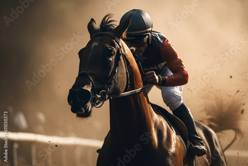 Obraz na plátně Horse races, jockey and his horse goes towards finish line, traditional European sport