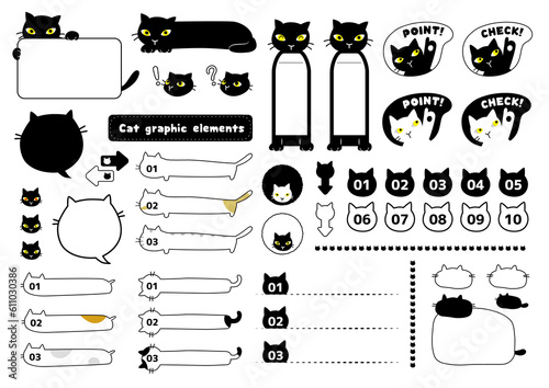 set of black cat icons, cute, graphic box elements, 