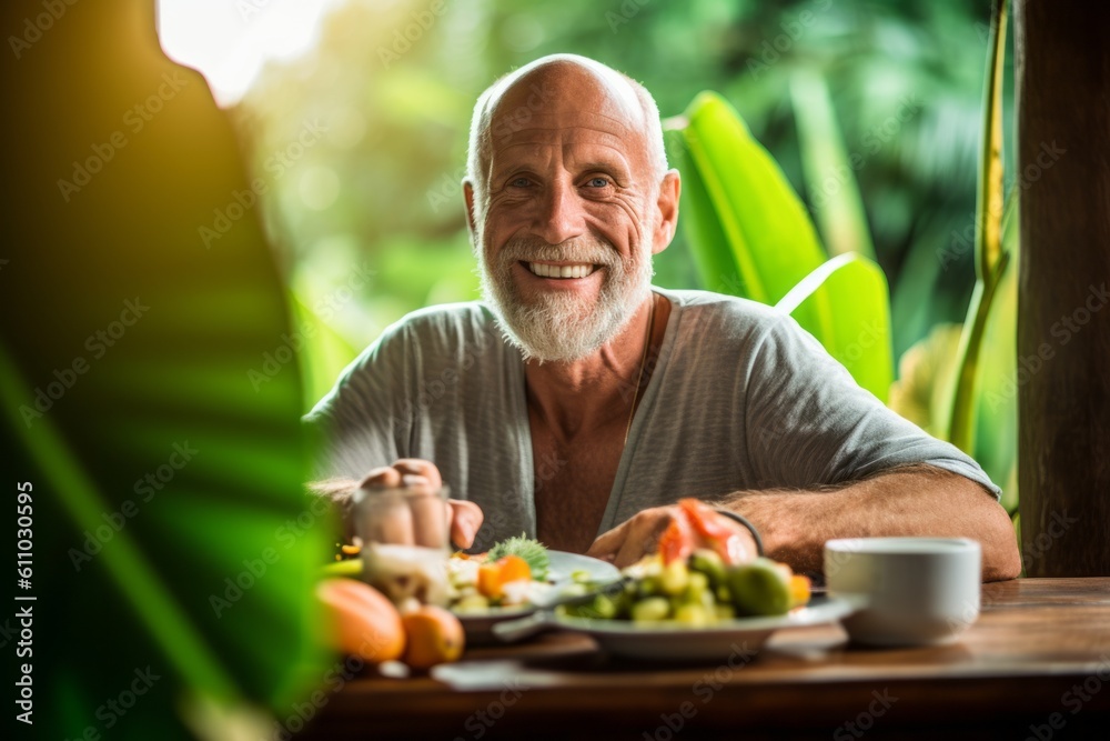 Close-up portrait photography of a happy mature man having breakfast against a lush tropical jungle background. With generative AI technology Close-up portrait photography of a happy mature man having breakfast against a lush tropical jungle background. With generative AI technology