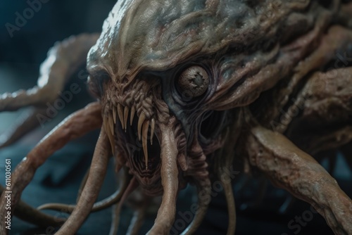 close-up of alien creature, with its tentacles and skin visible, created with generative ai