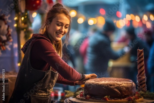 Medium shot portrait photography of a satisfied girl in her 30s making a cake against a festive parade background. With generative AI technology