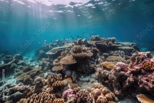 coral reef with variety of fish swimming among the corals and colorful marine creatures, created with generative ai © altitudevisual