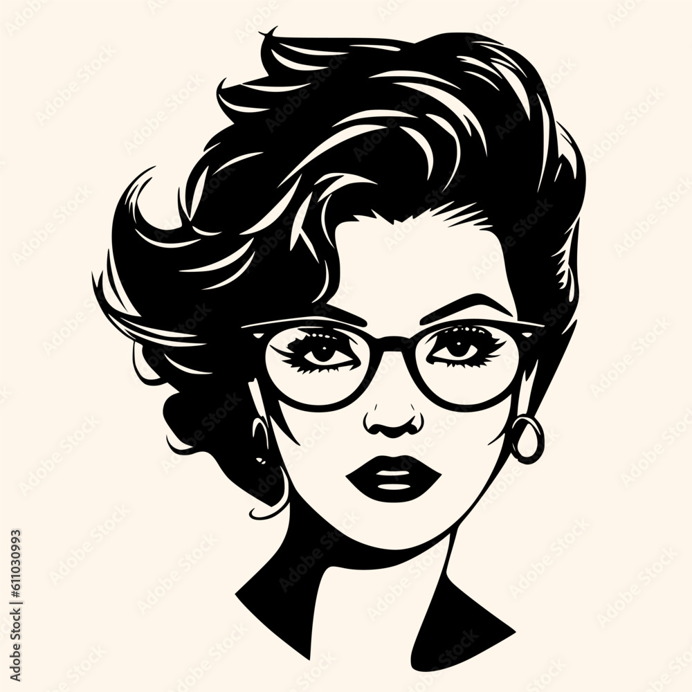 Woman in glasses, black and white drawing elegant style Woman in glasses, black and white drawing elegant style