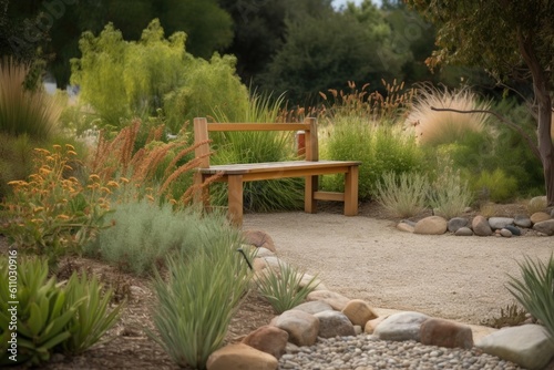 drought-tolerant and native plant garden with bench and water feature, created with generative ai photo