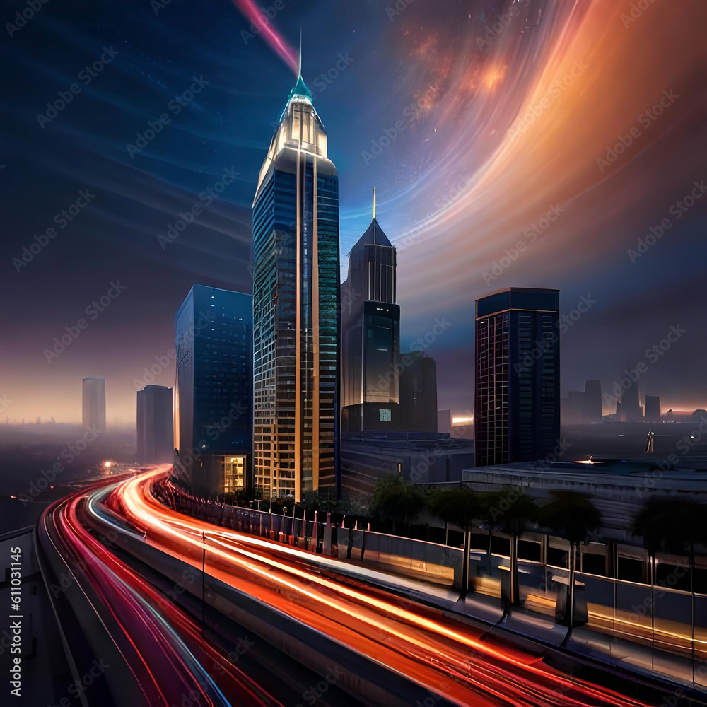 A mesmerizing cityscape at night with skyscrapers reaching towards the stars