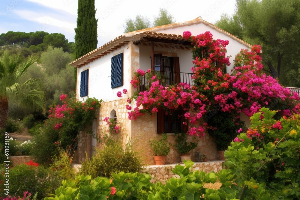 mediterranean house surrounded by lush greenery and blooming flowers, created with generative ai