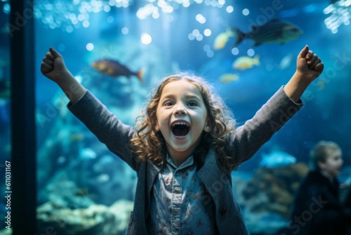 Medium shot portrait photography of a satisfied kid female celebrating winning against a vibrant aquarium background. With generative AI technology