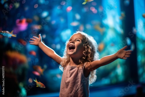 Medium shot portrait photography of a satisfied kid female celebrating winning against a vibrant aquarium background. With generative AI technology