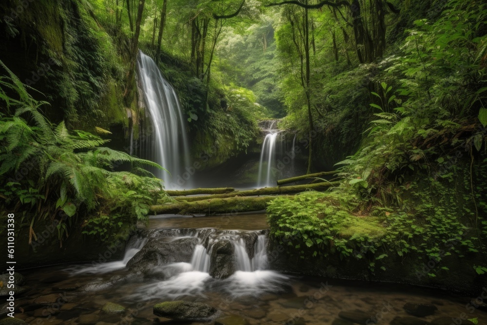 cascade of waterfalls surrounded by lush greenery, a peaceful escape, created with generative ai