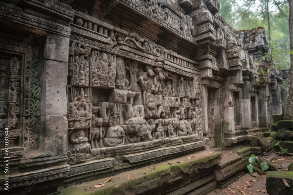 close-up of intricate carvings on stone ruins, created with generative ai