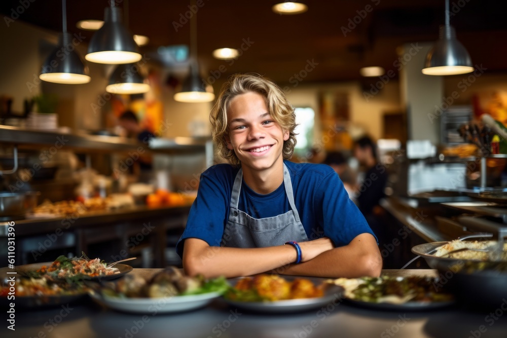Environmental portrait photography of a grinning kid male cooking against a lively sports bar background. With generative AI technology Environmental portrait photography of a grinning kid male cooking against a lively sports bar background. With generative AI technology