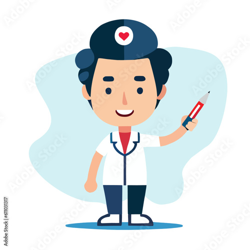 Cardiologist, nurse with pen showing results. Doctor illustration pointing on, doctor in uniform with heart, cute cartoon vector design.