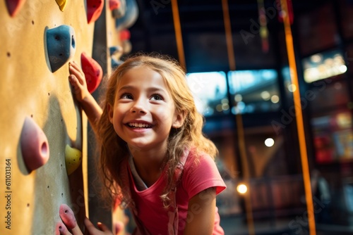 Medium shot portrait photography of a satisfied kid female practicing rock climbing against a lively sports bar background. With generative AI technology