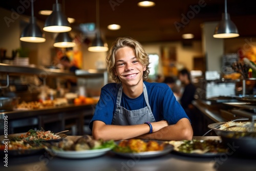Environmental portrait photography of a grinning kid male cooking against a lively sports bar background. With generative AI technology
