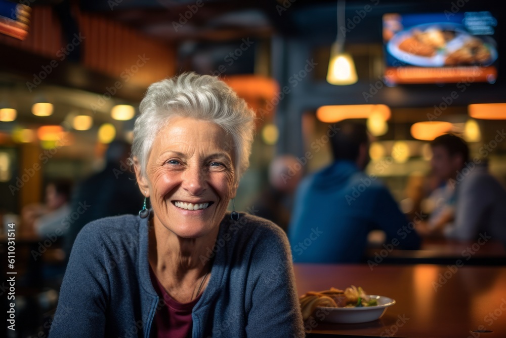 Medium shot portrait photography of a grinning mature woman having breakfast against a lively sports bar background. With generative AI technology