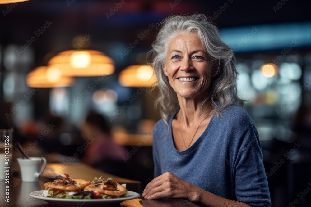 Medium shot portrait photography of a grinning mature woman having breakfast against a lively sports bar background. With generative AI technology