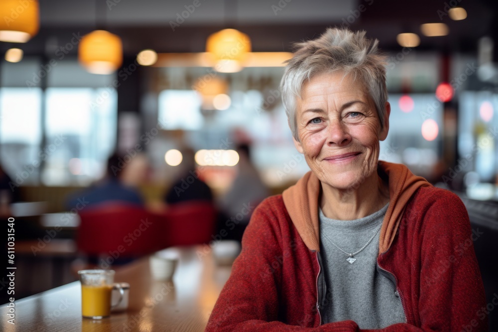 Medium shot portrait photography of a grinning mature woman having breakfast against a lively sports bar background. With generative AI technology Medium shot portrait photography of a grinning mature woman having breakfast against a lively sports bar background. With generative AI technology