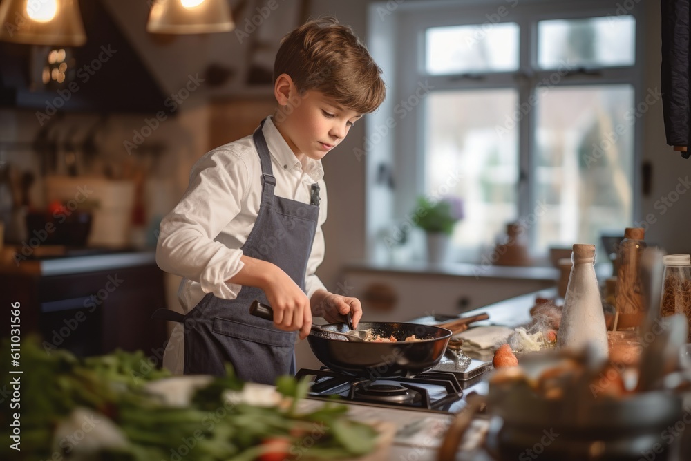 Lifestyle portrait photography of a glad kid male cooking against a cozy bed and breakfast background. With generative AI technology