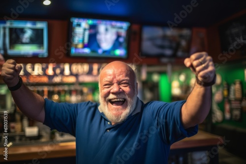 Environmental portrait photography of a grinning mature boy gesturing victory against a lively sports bar background. With generative AI technology