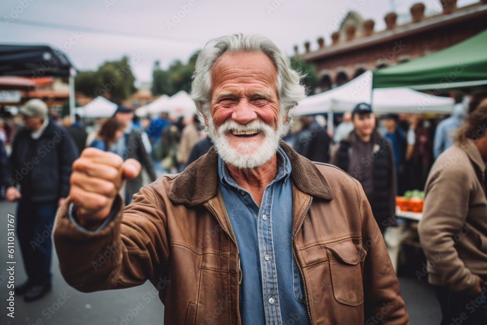 Close-up portrait photography of a glad mature man gesturing victory against a bustling farmer's market background. With generative AI technology