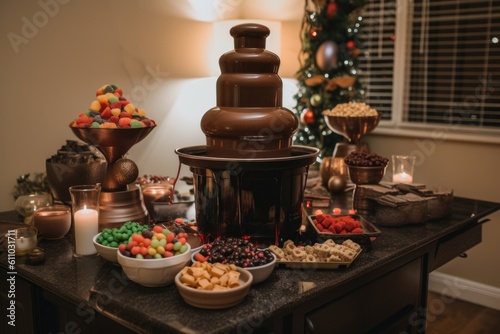 festive chocolate fountain surrounded by festive party decor and treats, created with generative ai