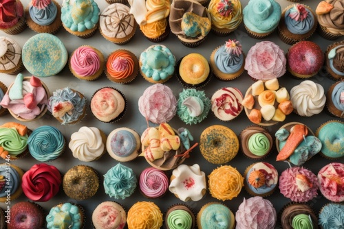 an assortment of colorful and creative cupcakes in various shapes, sizes, and designs, created with generative ai