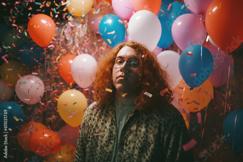 Generative AI illustration of nerd guy with long hair in eyeglasses looking at camera between multicolored balloons during 80s party photo