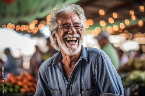 Lifestyle portrait photography of a glad mature man laughing against a bustling farmer's market background. With generative AI technology