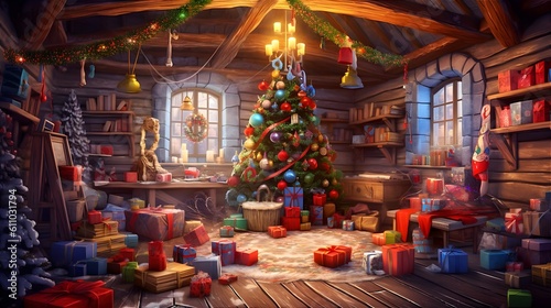 Christmas room with gifts. Generative AI