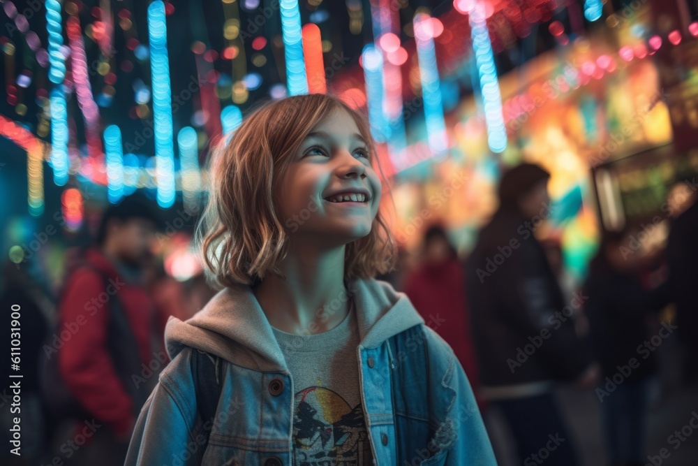 Lifestyle portrait photography of a grinning kid female walking against a lively concert venue background. With generative AI technology