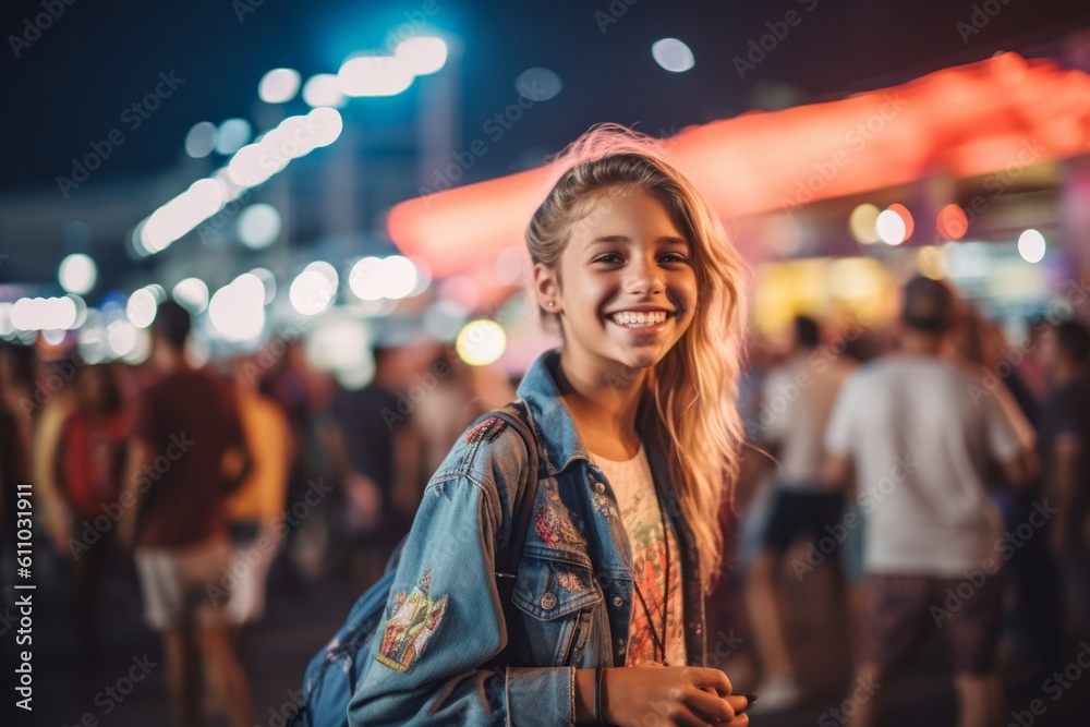 Lifestyle portrait photography of a grinning kid female walking against a lively concert venue background. With generative AI technology