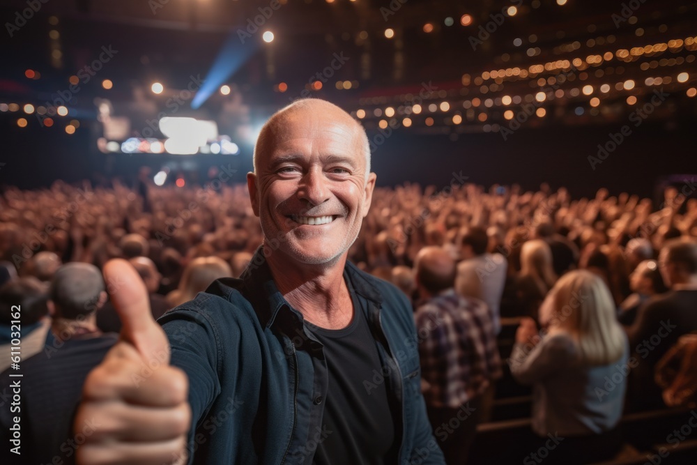 Fototapeta premium Lifestyle portrait photography of a grinning mature man showing ok gesture against a lively concert venue background. With generative AI technology