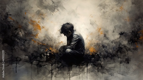 Photo Depressed boy sitting slumped symbolizing bad emotional state, generative ai