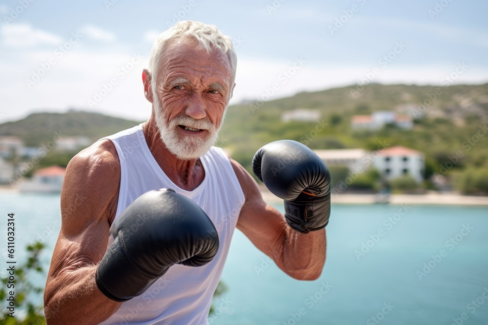 Medium shot portrait photography of a satisfied mature man practicing boxing against a scenic lagoon background. With generative AI technology Medium shot portrait photography of a satisfied mature man practicing boxing against a scenic lagoon background. With generative AI technology