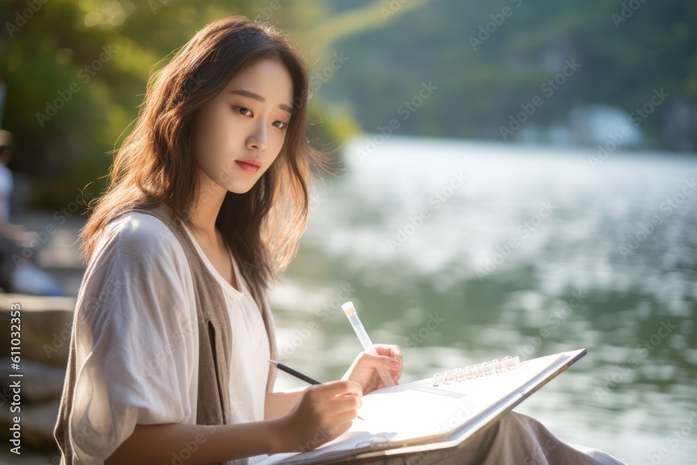 Medium shot portrait photography of a satisfied mature girl drawing against a scenic lagoon background. With generative AI technology Medium shot portrait photography of a satisfied mature girl drawing against a scenic lagoon background. With generative AI technology