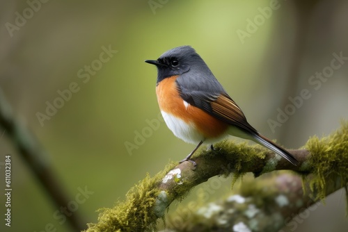redstart perching on tree branch, with head and tail feathers in full view, created with generative ai