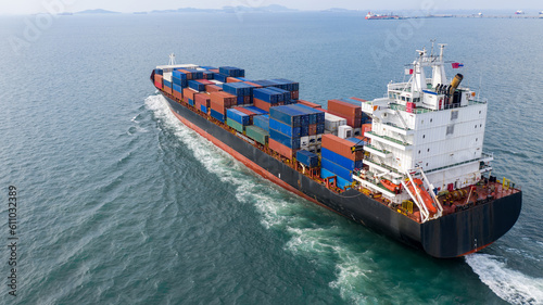Aerial view container cargo ship, Global business import export logistic and transportation freight shipping of international by container cargo ship in the open sea, Container cargo vessel freight.