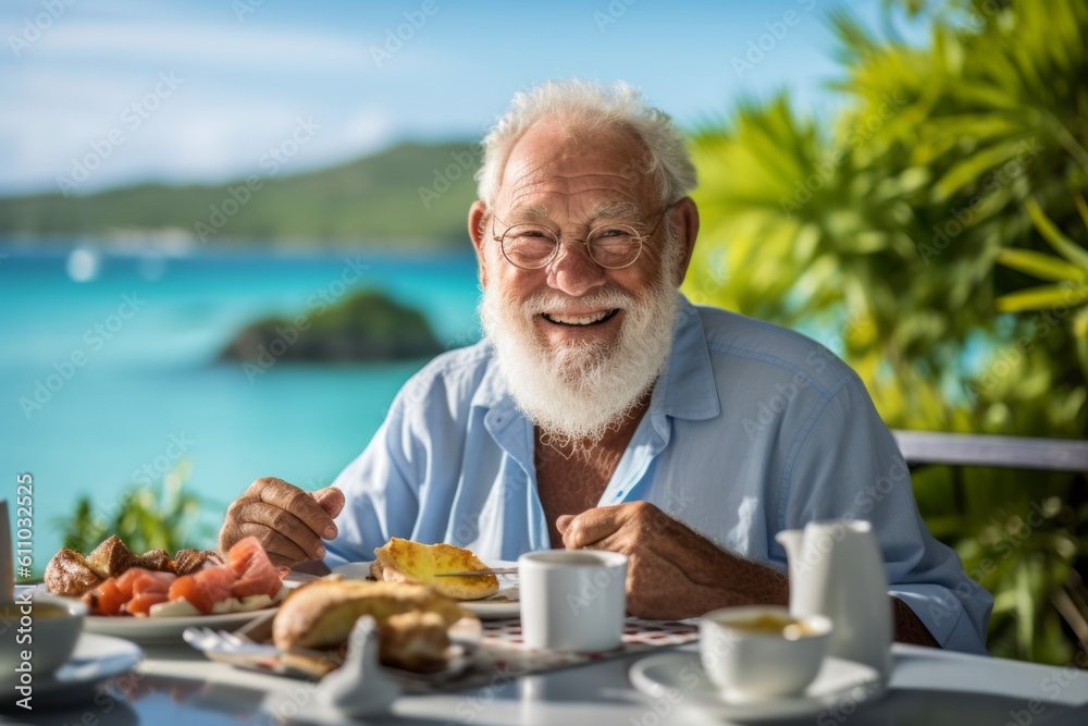 Lifestyle portrait photography of a happy old man having breakfast against a scenic lagoon background. With generative AI technology Lifestyle portrait photography of a happy old man having breakfast against a scenic lagoon background. With generative AI technology