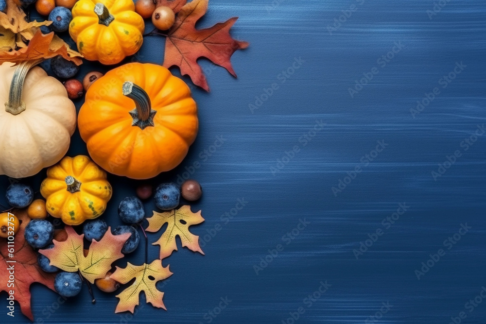 Top view of orange and blue mini pumpkins, vibrant yellow leaves on a textured blue wooden surface. Fall background with copyspace. Generative AI Top view of orange and blue mini pumpkins, vibrant yellow leaves on a textured blue wooden surface. Fall background with copyspace. Generative AI