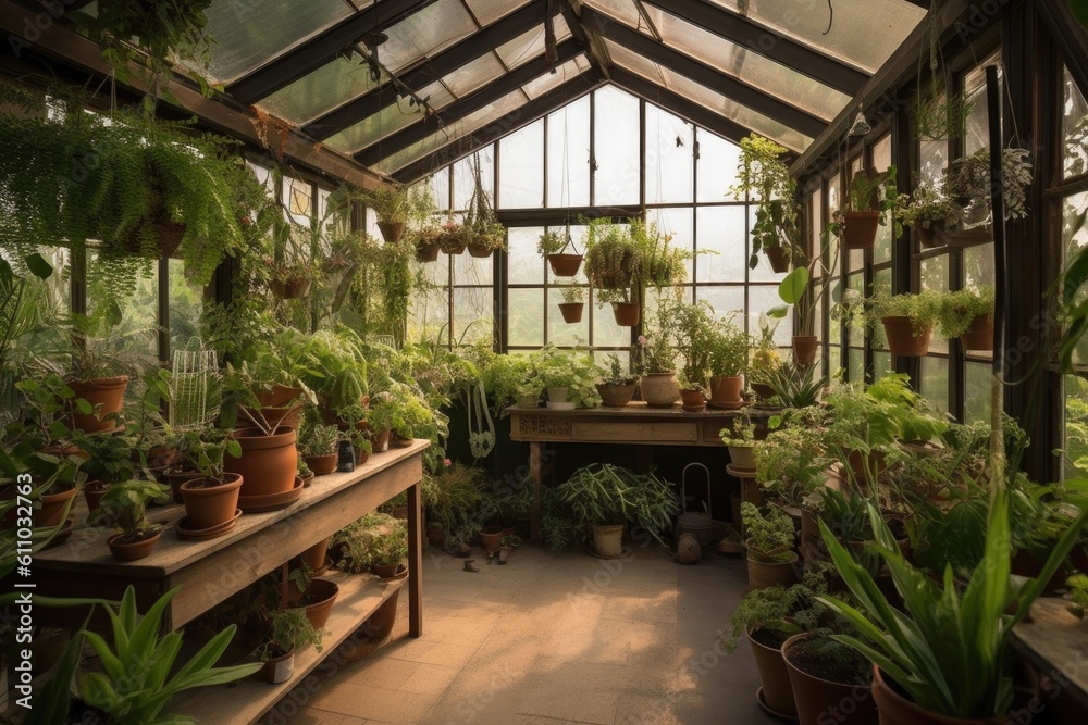 greenhouse with hanging plants, providing a restful atmosphere, created with generative ai greenhouse with hanging plants, providing a restful atmosphere, created with generative ai