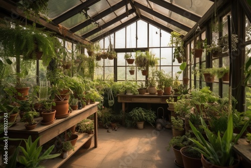 greenhouse with hanging plants  providing a restful atmosphere  created with generative ai